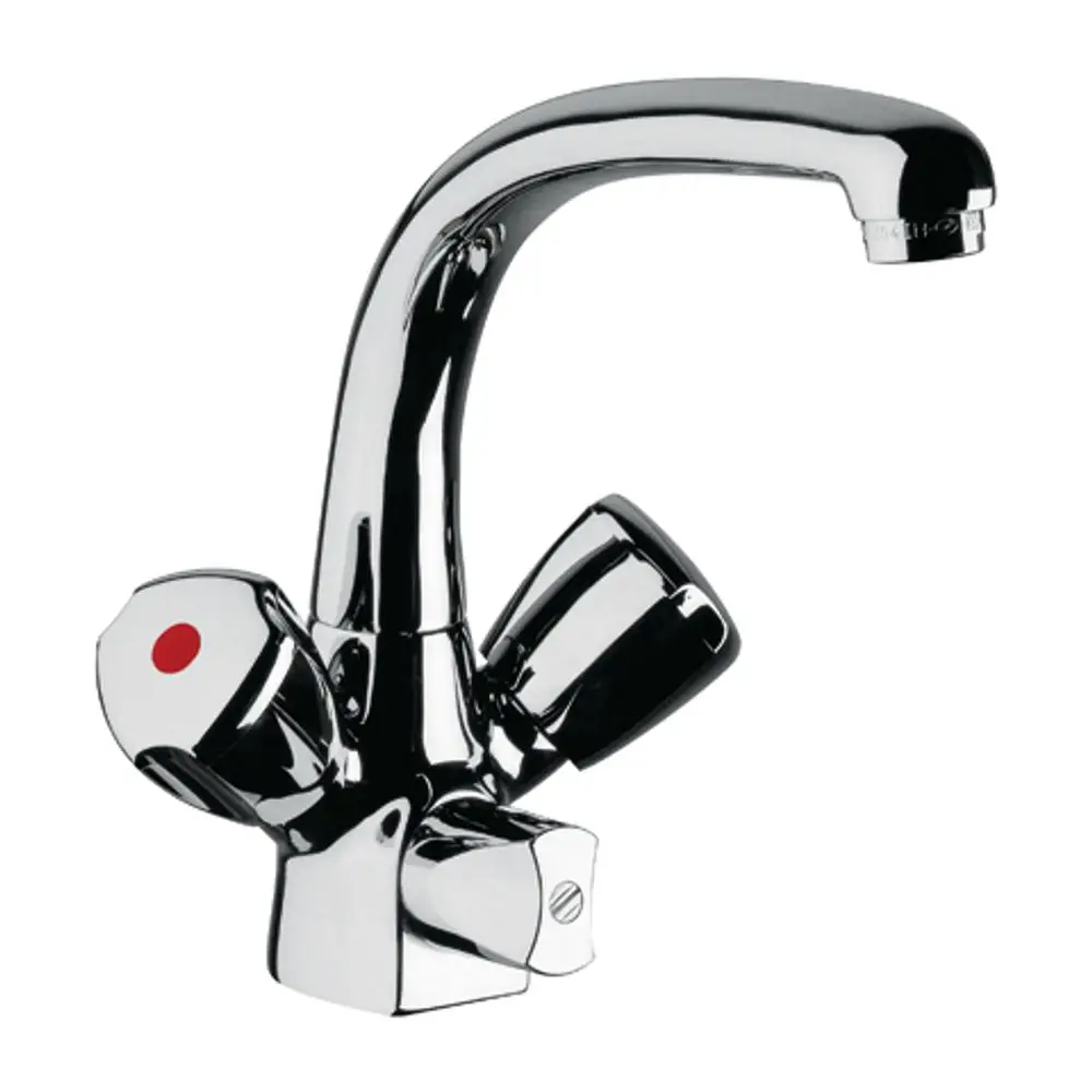 Kludi-Wasserhahn mit zwei Drehgriffen für warmes und kaltes Wasser. Der Auslauf ist hoch gebogen, die Oberfläche ist glänzend verchromt.